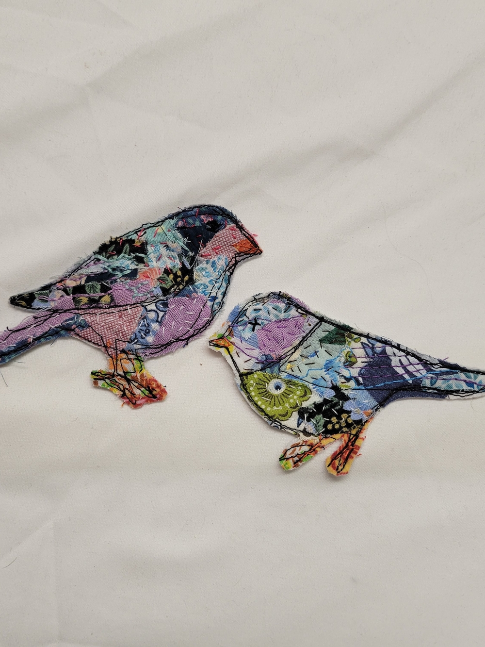 Handmade Fabric Bird Patches Set of 2 Scrap Fabric Embroidered Sew On Boho